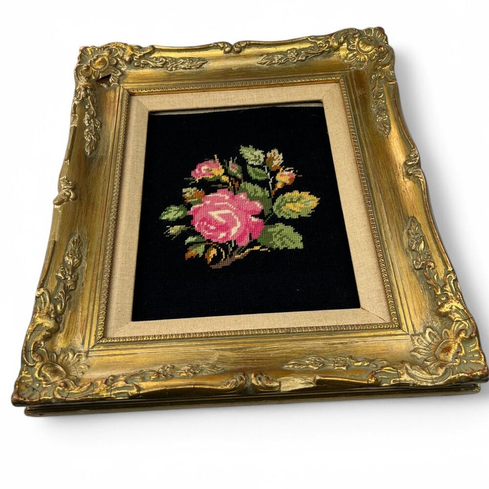 Needlepoint Floral Antique Vintage Gold Gilt Frame Embroidered Picture Wall Art - Picture 2 of 6